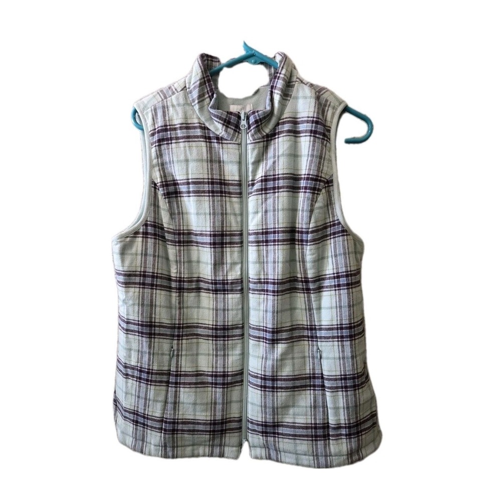 J. Jill Plaid Zip‎ Up Puffer Vest Women's Size S Sleeveless Fleece Lined Winter